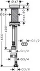 Schematische Darstellung eines Küchen-Geräteabsperrventils von Hansgrohe mit verschiedenen Anschlussmaßen und Angaben zur Installation.